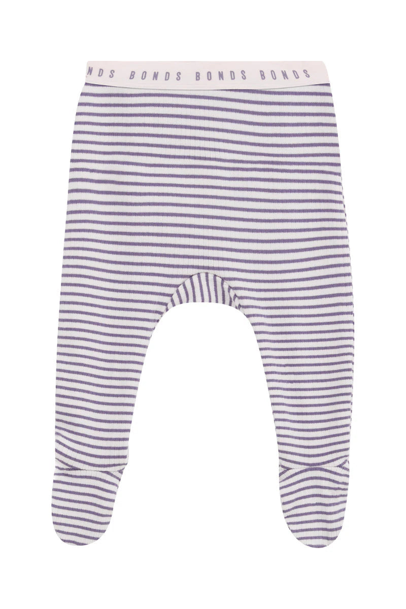 Bonds Newbies Rib Foot Legging - Violet Ash/Chalky Pink Stripe