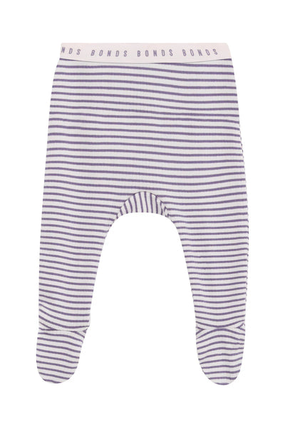 Bonds Newbies Rib Foot Legging - Violet Ash/Chalky Pink Stripe