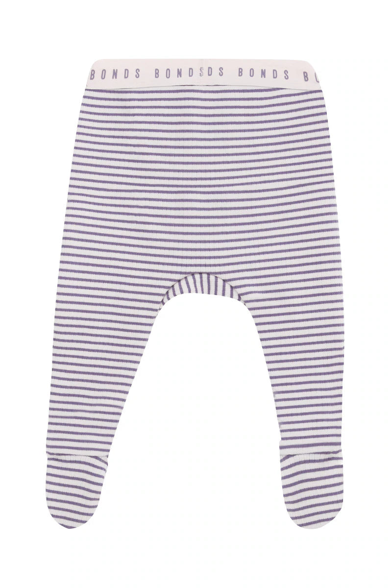 Bonds Newbies Rib Foot Legging - Violet Ash/Chalky Pink Stripe