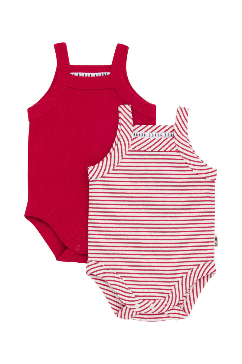 Bonds Newbies Rib Singlet Suit 2 Pack - Parisian Red / Marcapone Strp