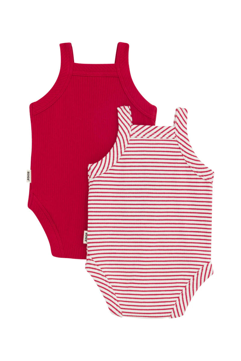 Bonds Newbies Rib Singlet Suit 2 Pack - Parisian Red / Marcapone Strp