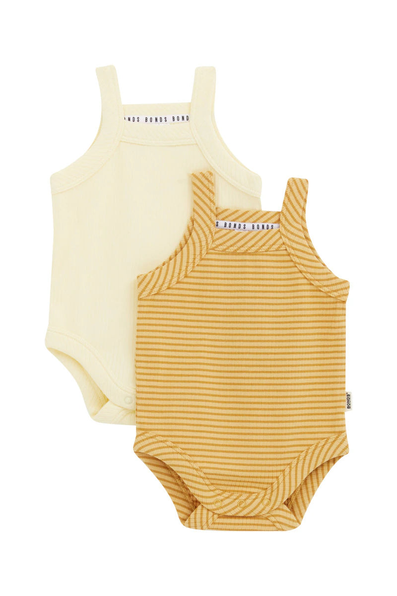 Bonds Newbies Rib Singlet Suit 2 Pack - Caramel Stripe / Post Yellow