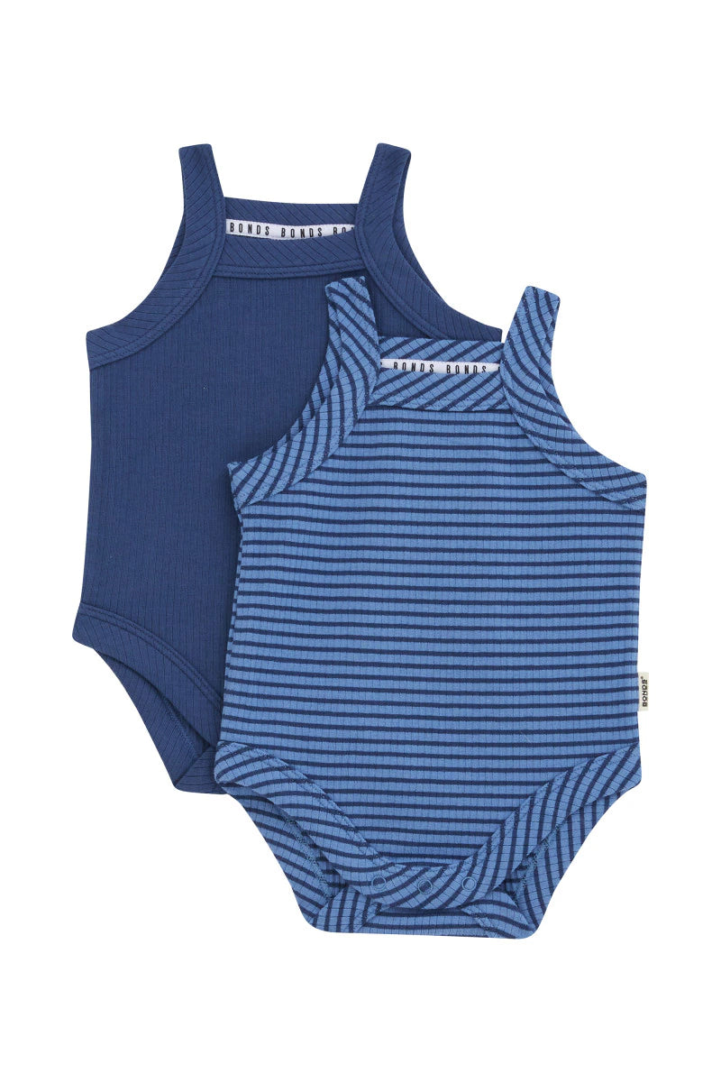 Bonds Newbies Rib Singlet Suit 2 Pack - Denim Fade / Bastille Blue