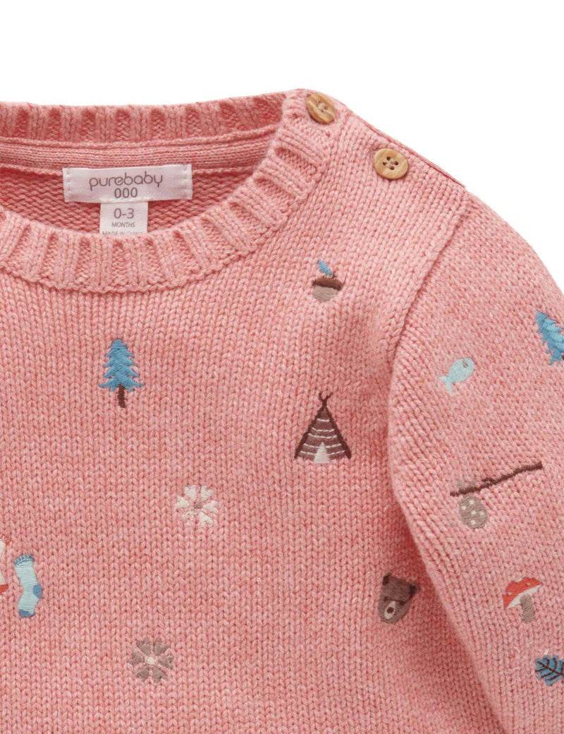 Purebaby Forest Embroidered Jumper - Nectarine Melange - Outlet Shop For Kids