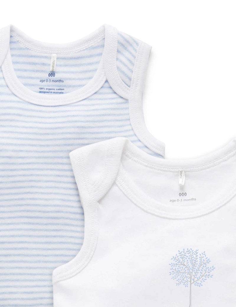 Purebaby Organic 2 Pack Singlet Bodysuit - White/Pale Blue Melange Stripe - Outlet Shop For Kids