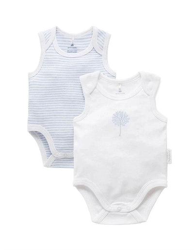 Purebaby Organic 2 Pack Singlet Bodysuit - White/Pale Blue Melange Stripe - Outlet Shop For Kids
