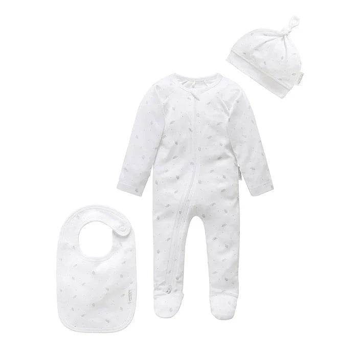 Purebaby Organic 3 Piece Set - Pale Grey Leaf With Spot - Outlet Shop For Kids