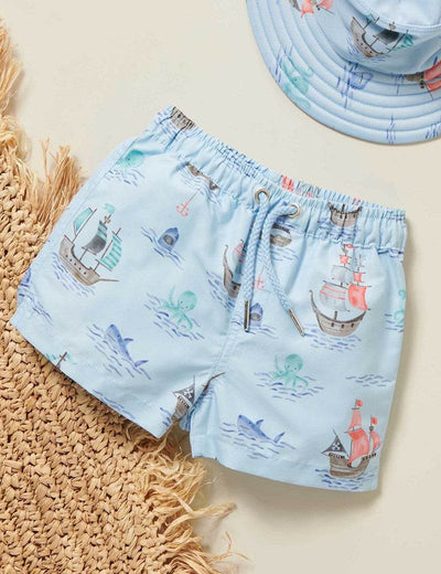 Purebaby Printed Board Shorts - Pirate Ship Print - Outlet Shop For Kids