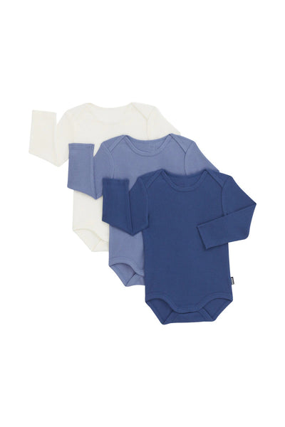 Bonds Essentials Rib Long Sleeve Bodysuit 3 Pack - White/Lilac Ice/Bastille Blue