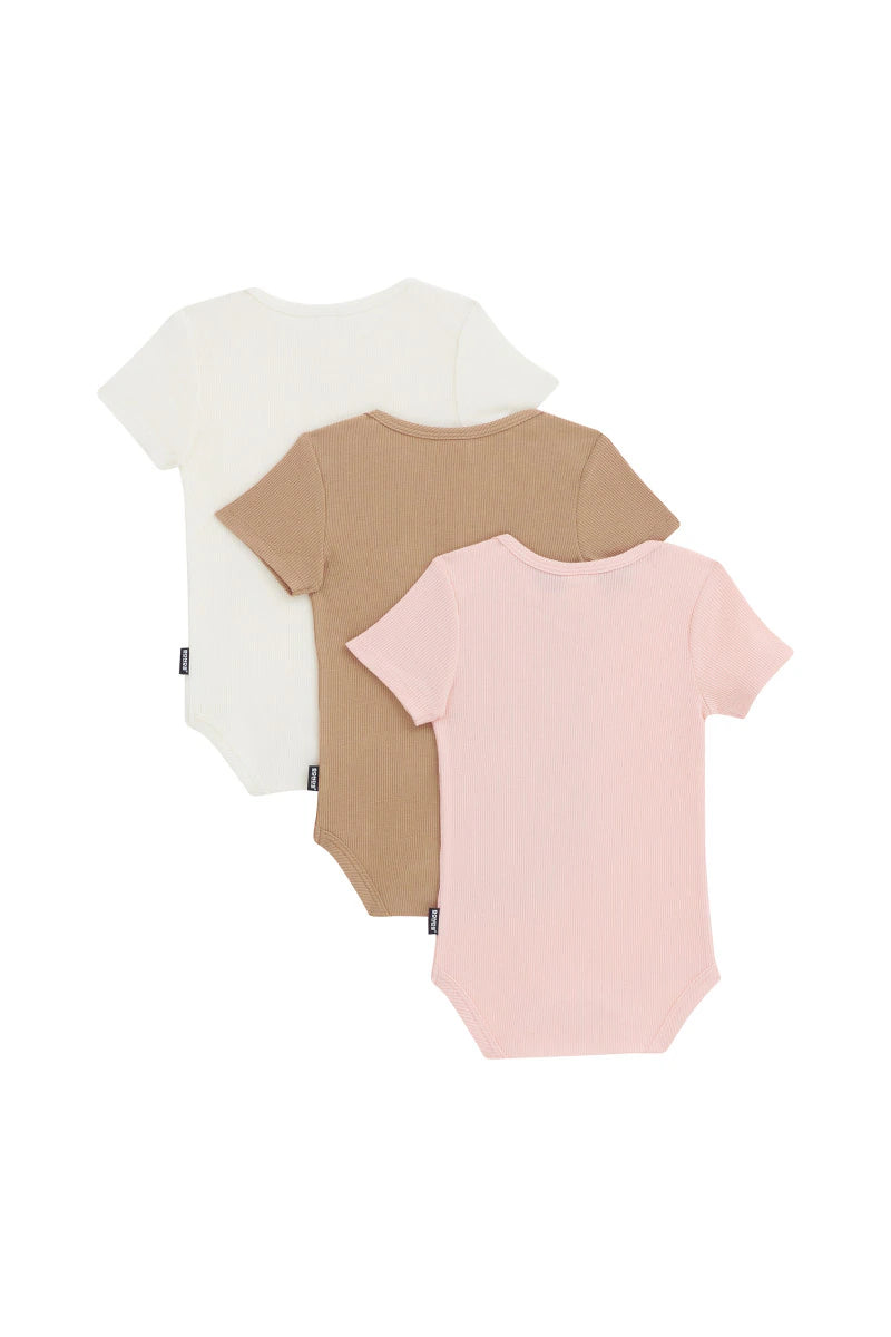 Bonds Essentials Rib Short Sleeve Bodysuit 3 Pack - Pink/Almond Latte/White