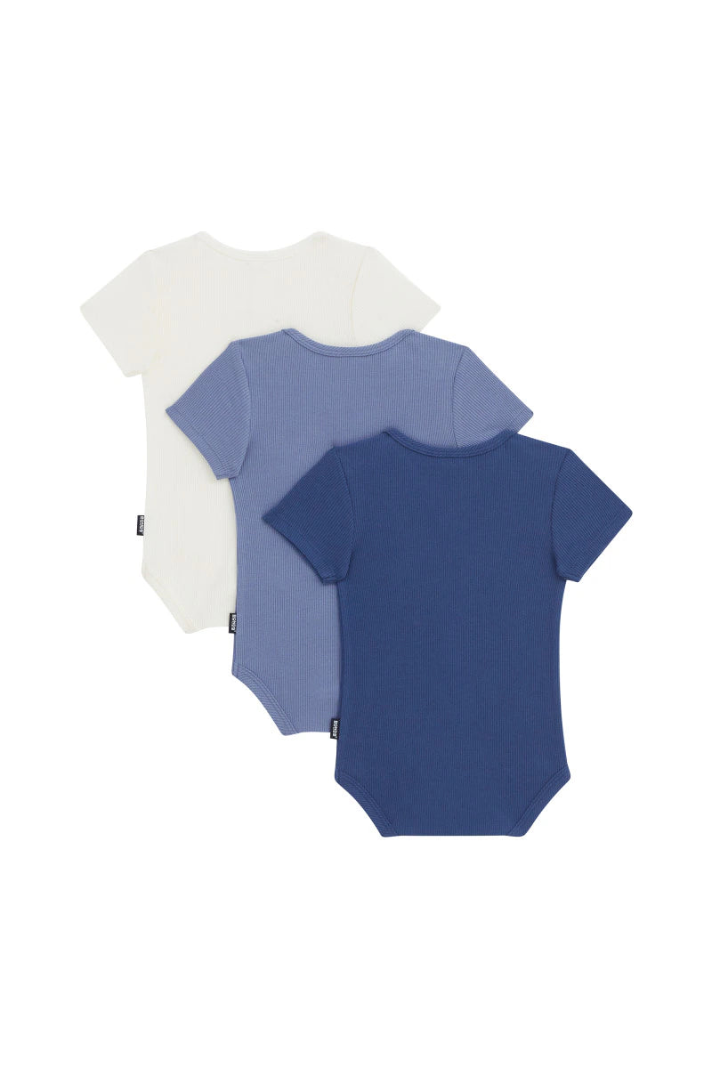 Bonds Essentials Rib Short Sleeve Bodysuit 3 Pack - White/Lilac Ice/Bastille Blue