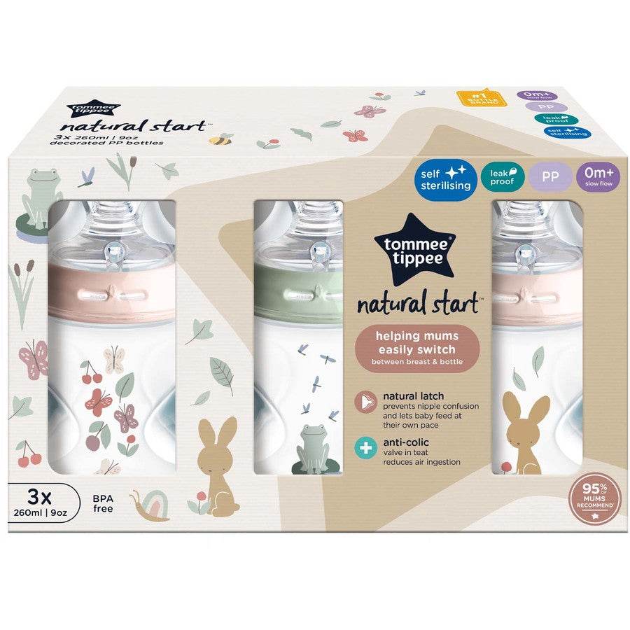 Tommee Tippee Natural Start Baby Bottles Decorated Kind Pink 3 Pack 260ml - Outlet Shop For Kids