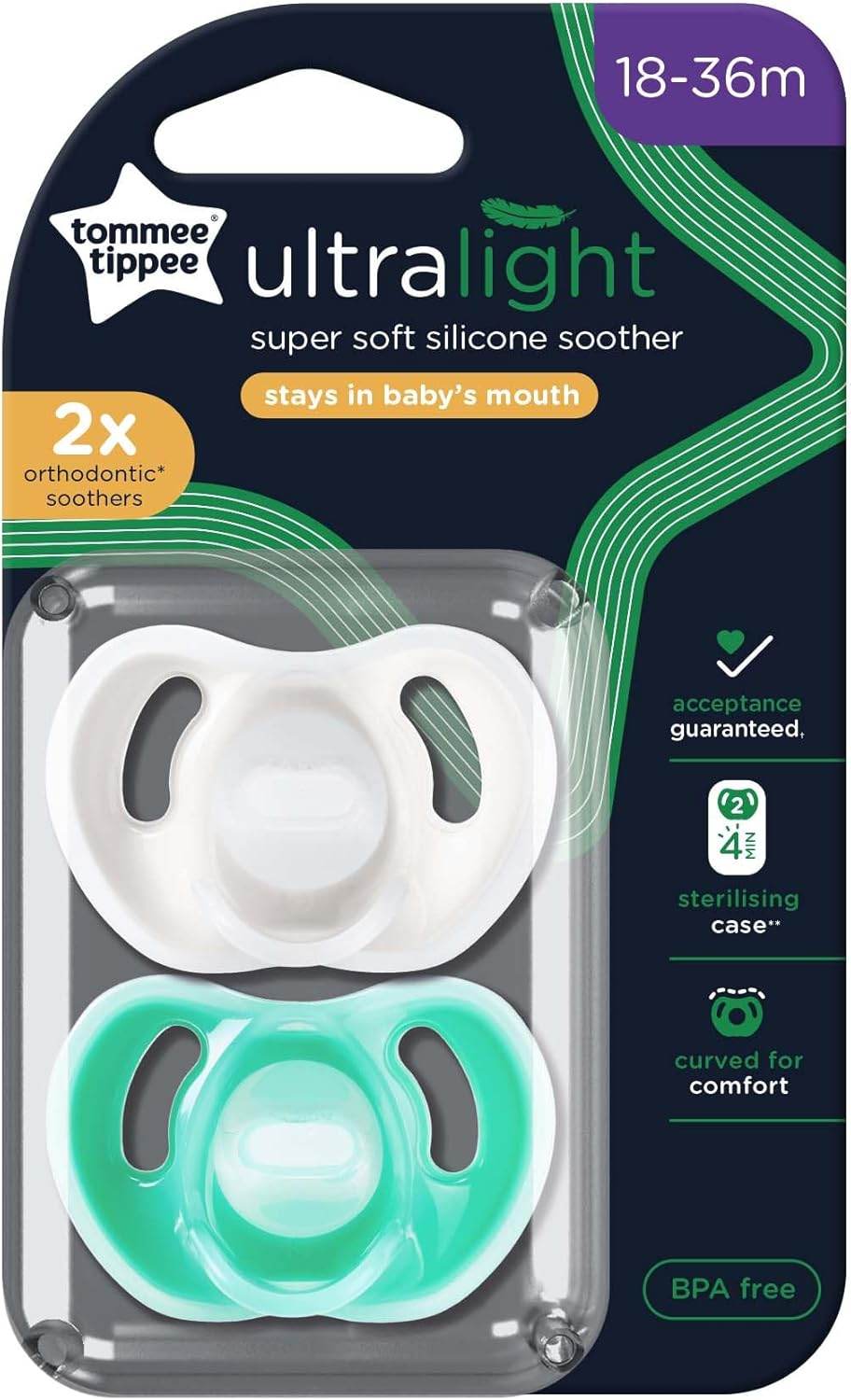 Tommee Tippee Ultra-light Soothers 18-36 Months 2 Pack - Green Pack - Outlet Shop For Kids
