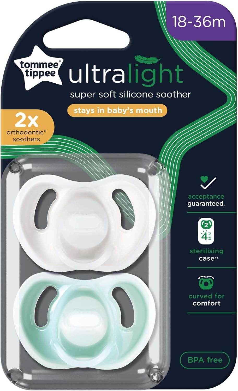 Tommee Tippee Ultra-light Soothers 18-36 Months 2 Pack - Pale Green Pack - Outlet Shop For Kids