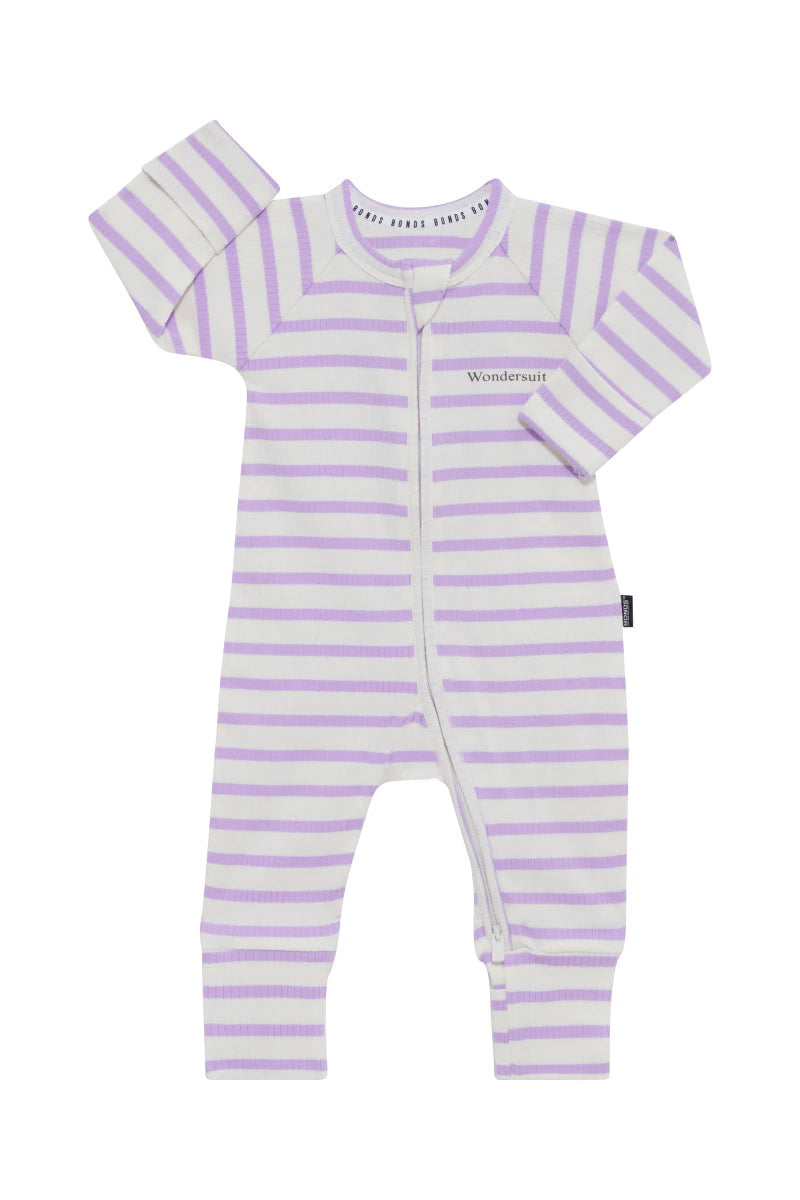 Bonds Wide Needle Rib Zippy - Cotton Purple Pansy/Marscapone Stripe