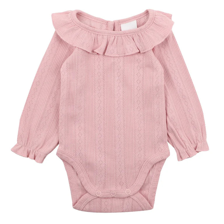 Bebe By Minihaha White Label Dusky Pink Organic Pointelle Long Sleeve Bodysuit