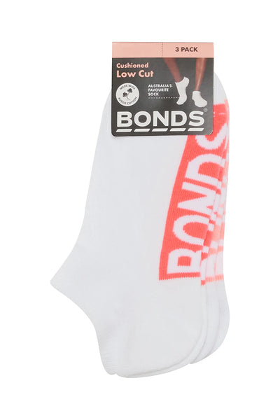 Bonds Womens Logo Cushioned Low Cut Socks 3 Pack - White Pop