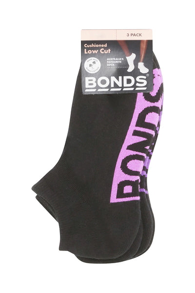 Bonds Womens Logo Cushioned Low Cut Socks 3 Pack - Black Pop