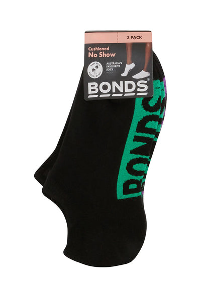 Bonds Womens Logo Cushioned No Show Socks 3 Pack - Cotton Jardin / Fantasia / Hubba Bubba