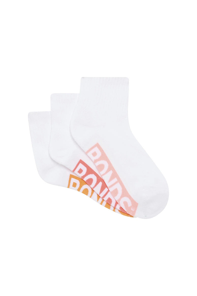Bonds Women's Logo Cushioned Quarter Crew Socks 3 Pack - White Pop