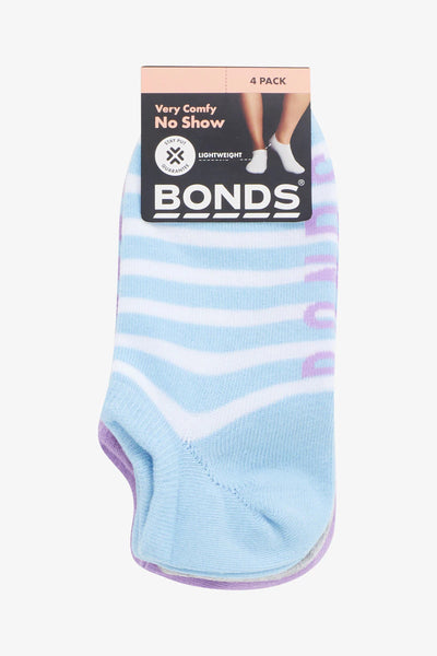 Bonds Womens Pattern No Show Socks 4 Pack - Stripe/Pale Blue/Grey/White/Lilac