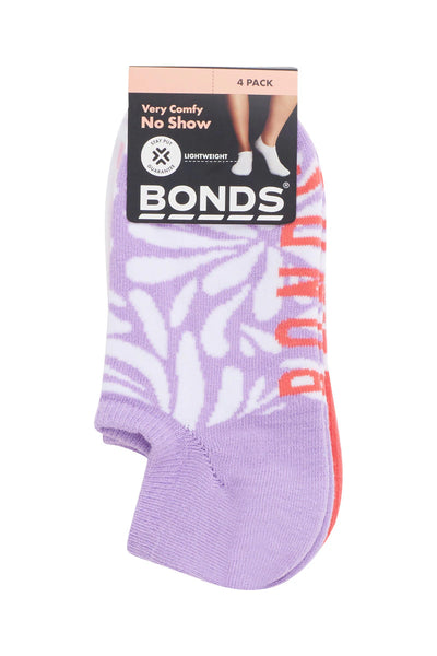 Bonds Womens Pattern No Show Socks 4 Pack - Lilac/Peach/Pale Pink/White