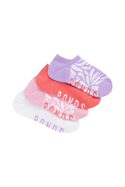 Bonds Womens Pattern No Show Socks 4 Pack - Lilac/Peach/Pale Pink/White