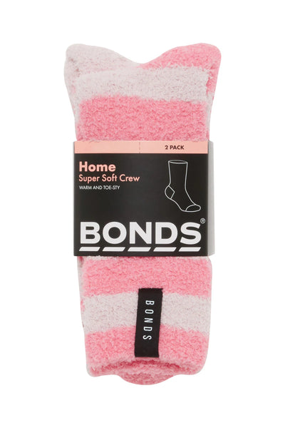 Bonds Womens Supersoft Crew Socks 2 Pack - Pink Stripe/Pale Pink
