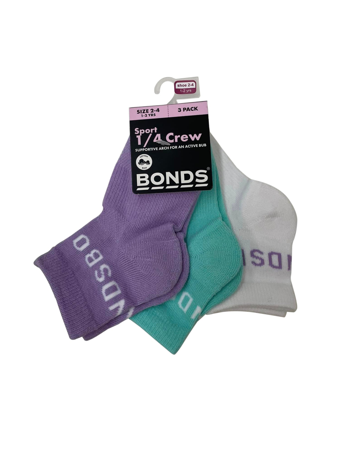 Bonds Baby Active Quarter Crew 3 Pack - Lilac/Mint/White
