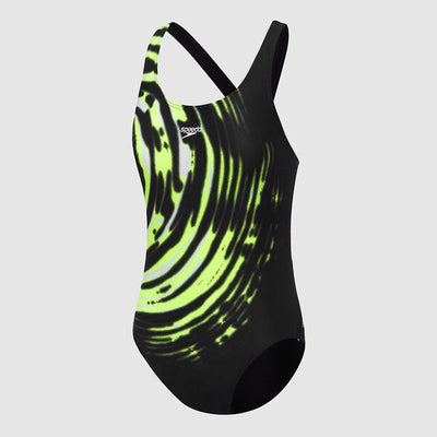 Speedo Girls School Colours Leaderback One Piece - Black / Safety Yellow