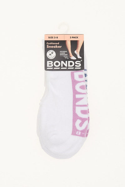 Bonds Womens Logo Cushioned Sneaker Socks 3 Pack - Berry/Denim/Lilac