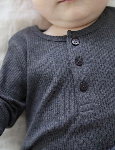 Purebaby Rib Long Sleeve Henley Tee - Charcoal Melange