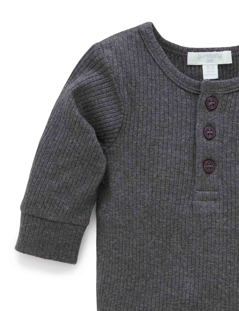 Purebaby Rib Long Sleeve Henley Tee - Charcoal Melange