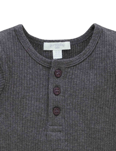 Purebaby Rib Long Sleeve Henley Tee - Charcoal Melange