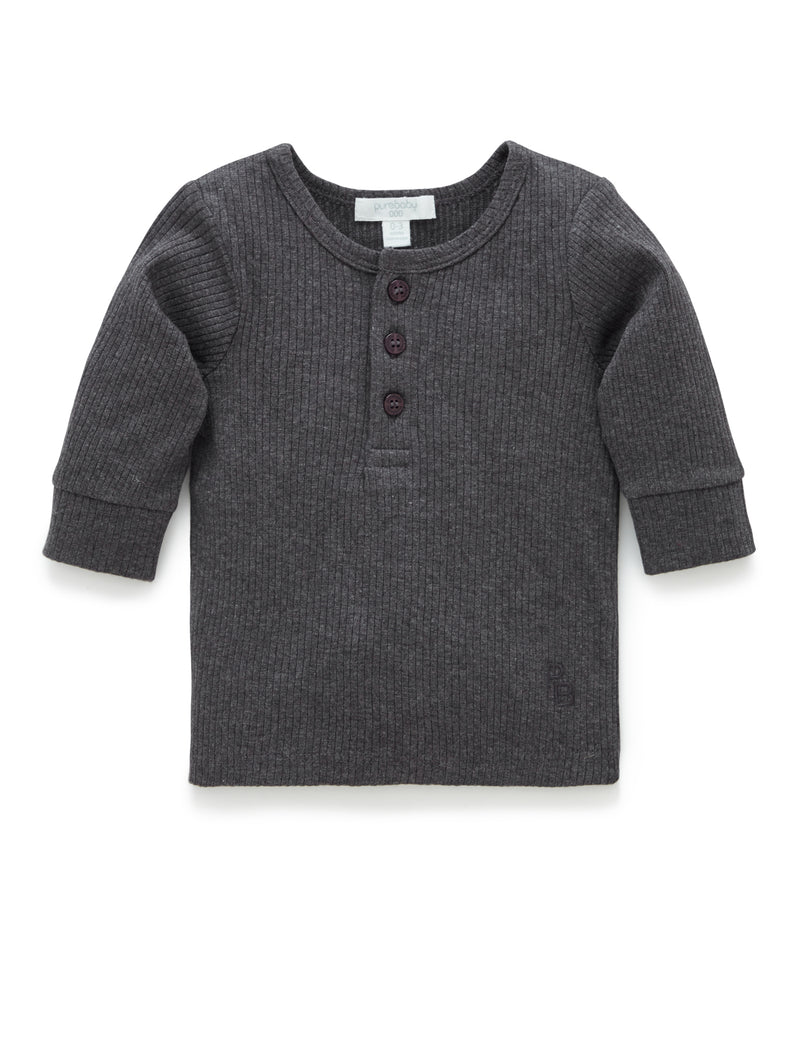 Purebaby Rib Long Sleeve Henley Tee - Charcoal Melange
