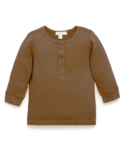 Purebaby Rib Long Sleeve Henley Tee - Chocolate