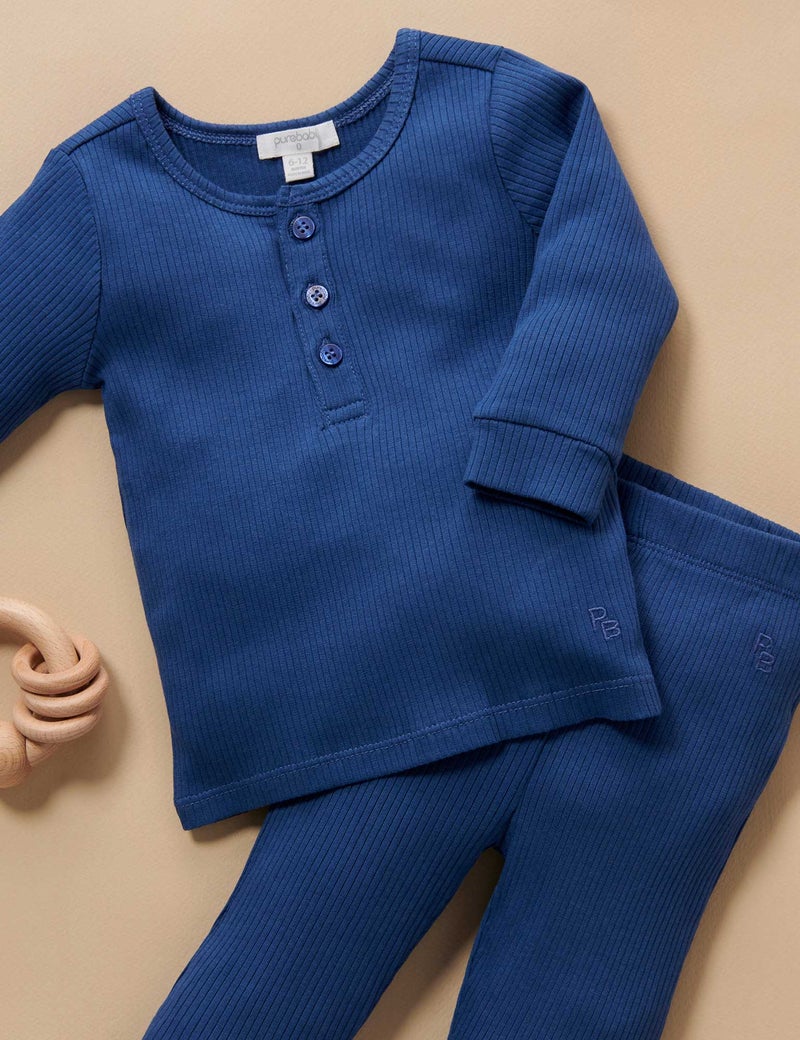Purebaby Rib Long Sleeve Henley Tee - Waterfall