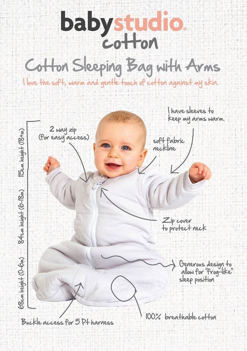 Baby Studio Cotton Sleeping Bag With Arms 3.0 TOG - Grey Marle/Grey Lines - Outlet Shop For Kids
