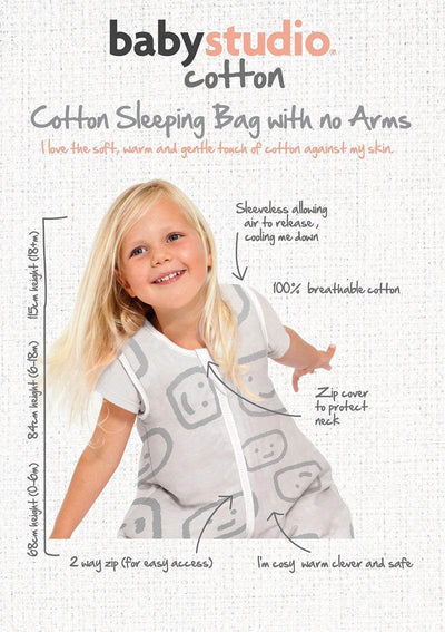 Baby Studio Sleeveless Cotton Sleeping Bag 2.5 TOG - Charcoal/Hugs Equals Love - Outlet Shop For Kids