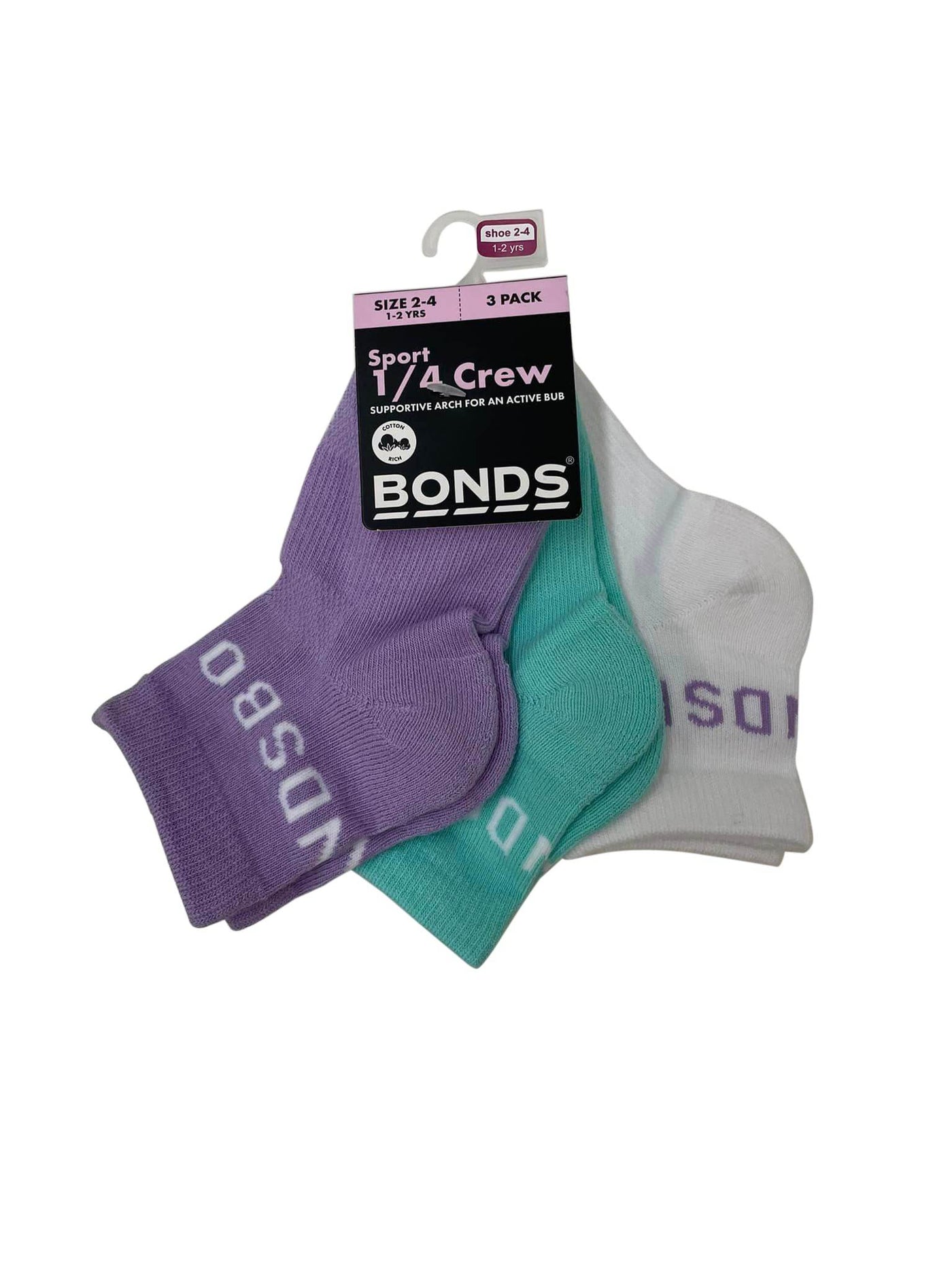 Bonds Baby Active Quarter Crew 3 Pack - Lilac/Mint/White - Outlet Shop For Kids