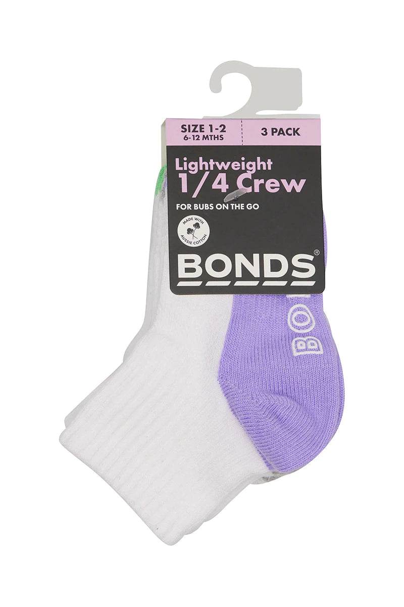 Bonds Baby Lightweight Quarter Crew 3 Pack - Lilac/Grey/Green - Outlet Shop For Kids