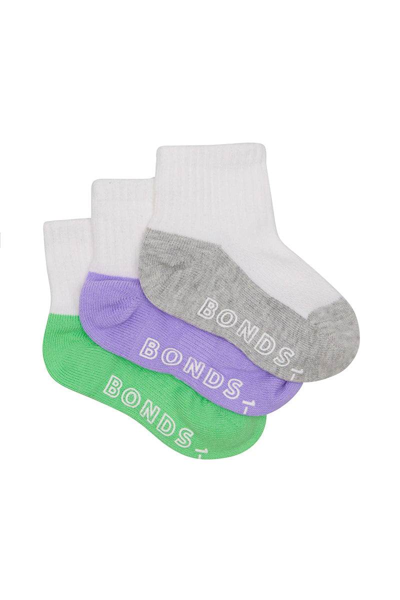 Bonds Baby Lightweight Quarter Crew 3 Pack - Lilac/Grey/Green - Outlet Shop For Kids