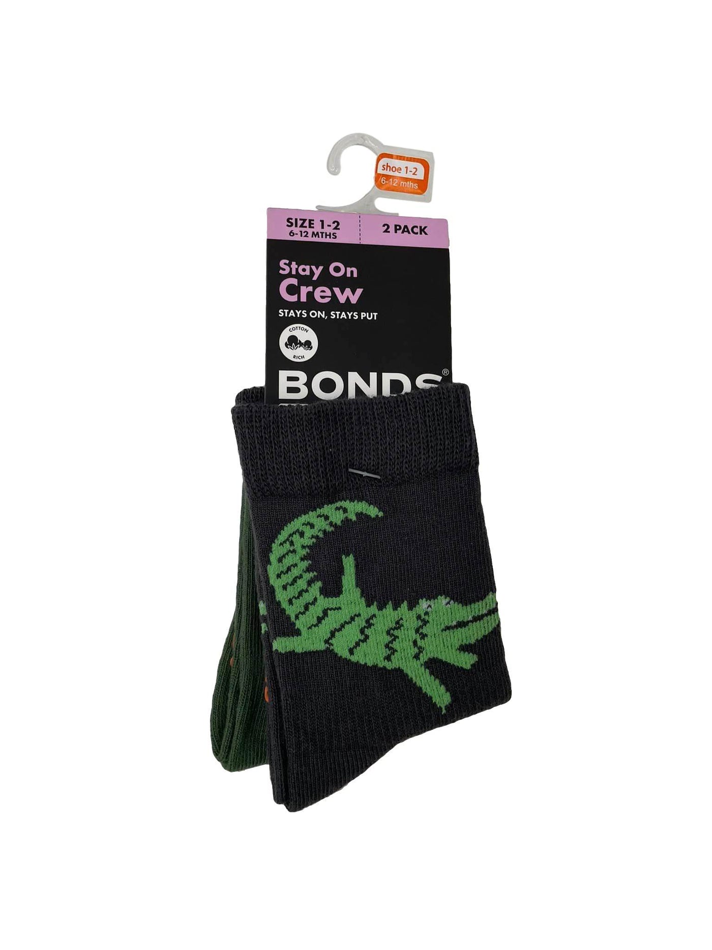 Bonds Baby Stay On Crew Socks 2 Pack - Croc Charcoal/Blade Green - Outlet Shop For Kids