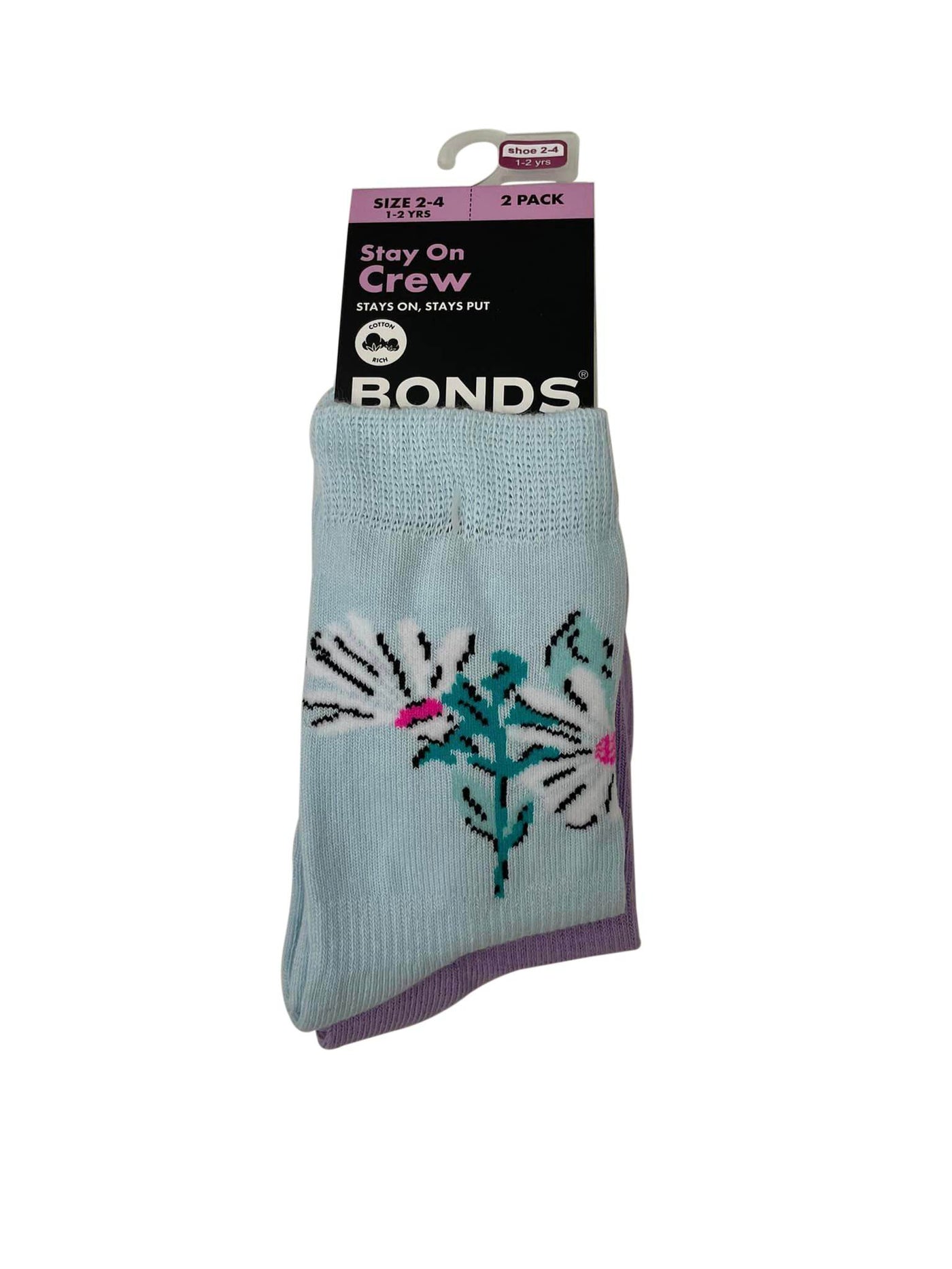 Bonds Baby Stay On Crew Socks 2 Pack - Flower Light Blue/Lilac - Outlet Shop For Kids