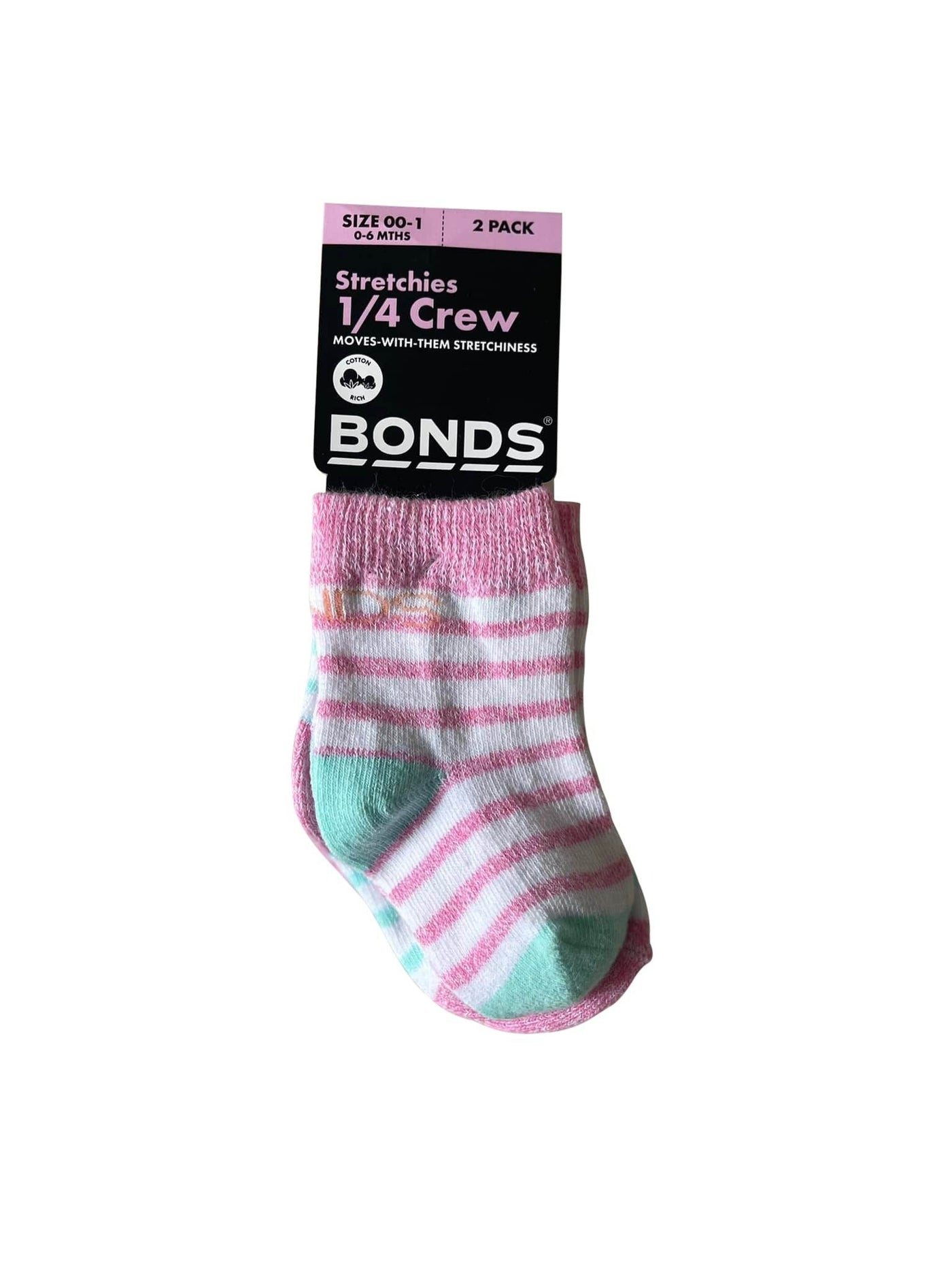 Bonds Baby Stretch Quarter Crew Socks 2 Pack - Pink Stripe - Outlet Shop For Kids