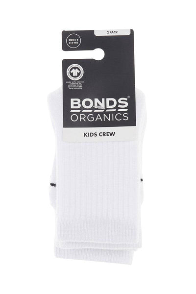 Bonds Kids Organic Crew Socks 2 Pack - White - Outlet Shop For Kids