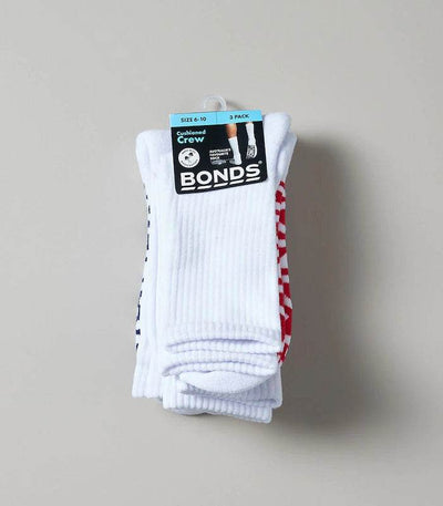 Bonds Mens Stamp Logo Cushioned Crew 3 Pack Socks - White With Red/Grey/Navy - Outlet Shop For Kids