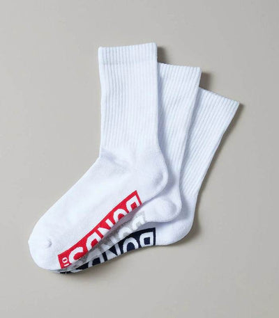 Bonds Mens Stamp Logo Cushioned Crew 3 Pack Socks - White With Red/Grey/Navy - Outlet Shop For Kids