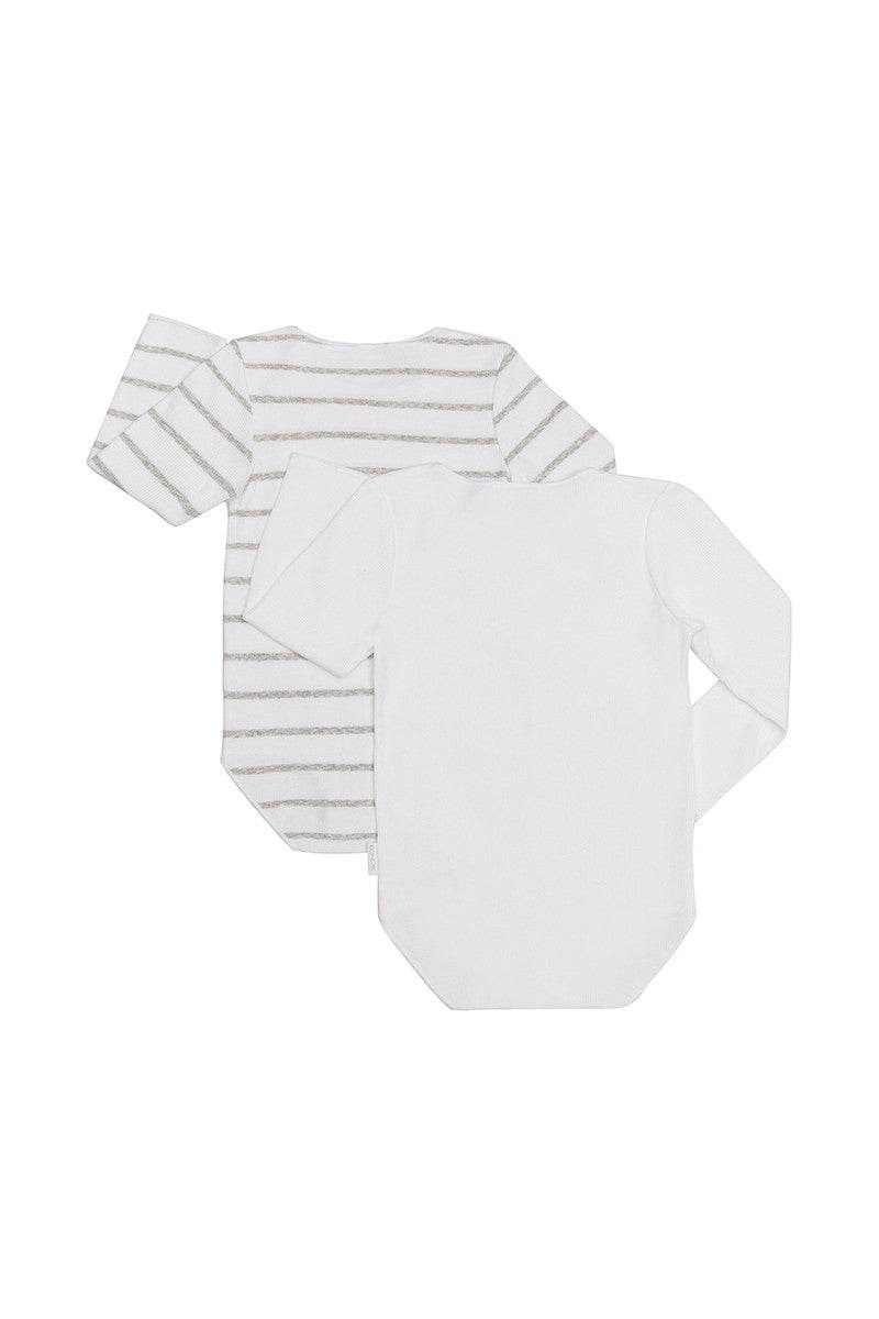Bonds Rib Long Sleeve Bodysuit 2 Pack - White/White & Grey Stripe - Outlet Shop For Kids