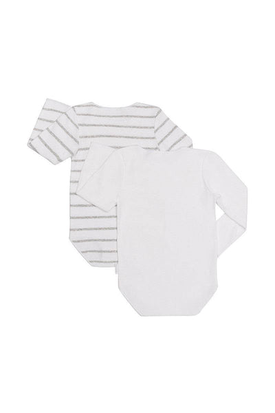 Bonds Rib Long Sleeve Bodysuit 2 Pack - White/White & Grey Stripe - Outlet Shop For Kids